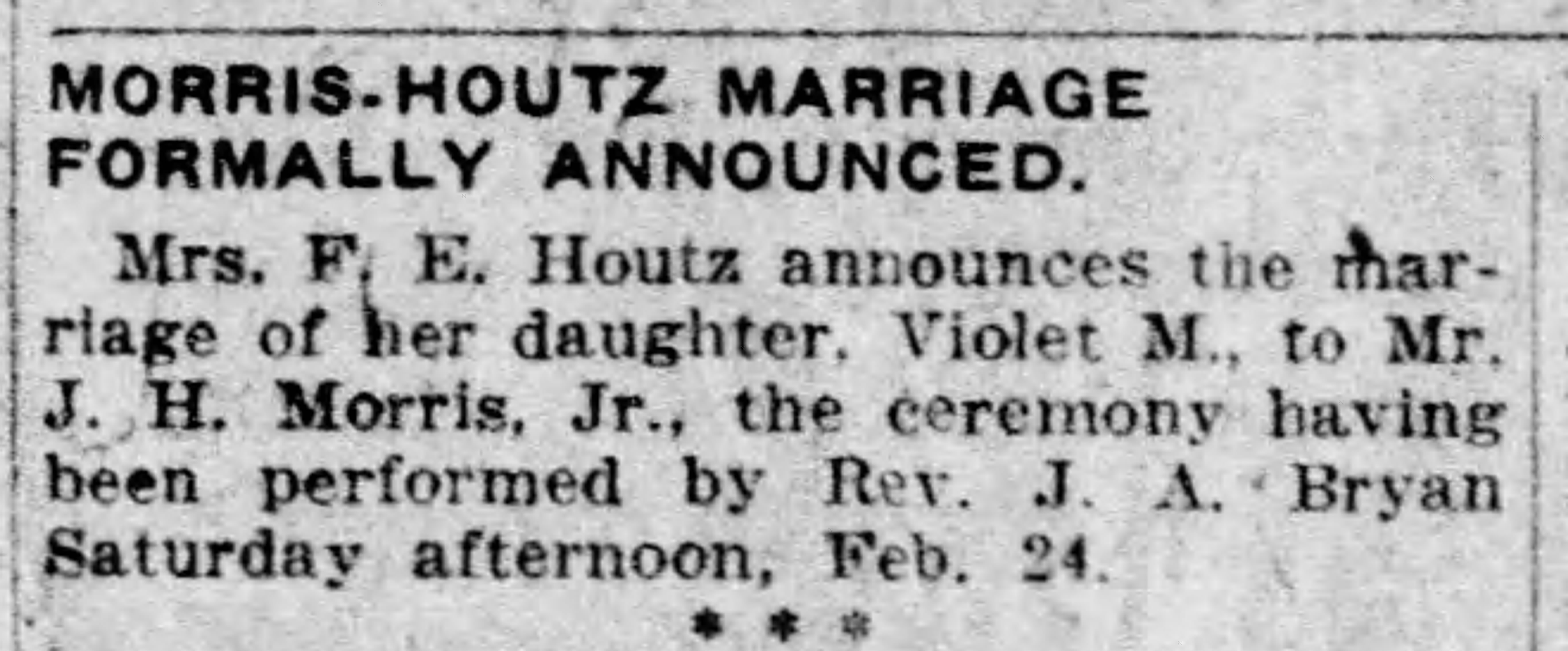 Morris-Houtz Marriage Formally Announced